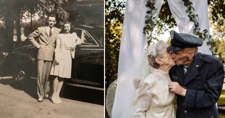 This couple had no gown and no photographs taken during their wedding so they recreated it 77 years later