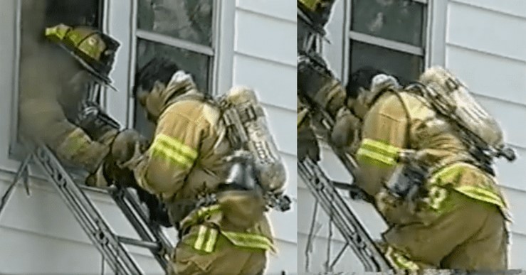 A firefighter saves baby's life by performing CPR while rapidly descending the ladder