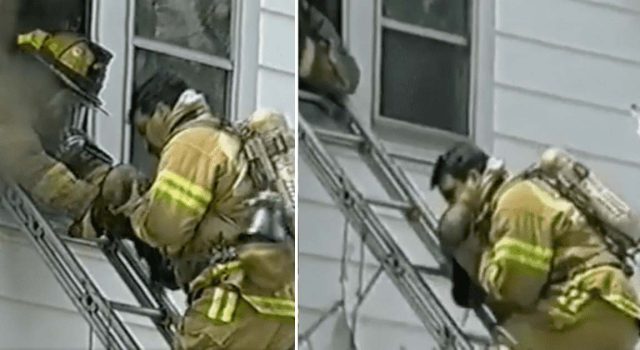 A firefighter saves baby's life by performing CPR while rapidly descending the ladder