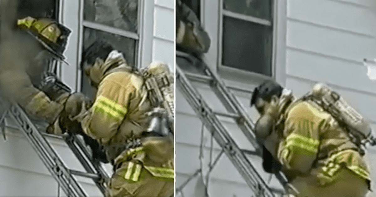 A firefighter saves baby's life by performing CPR while rapidly descending the ladder