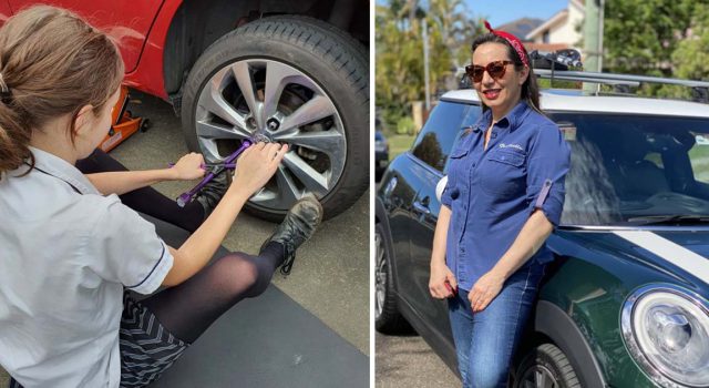 A teacher teaches schoolgirls important life skills like changing a tire and oil