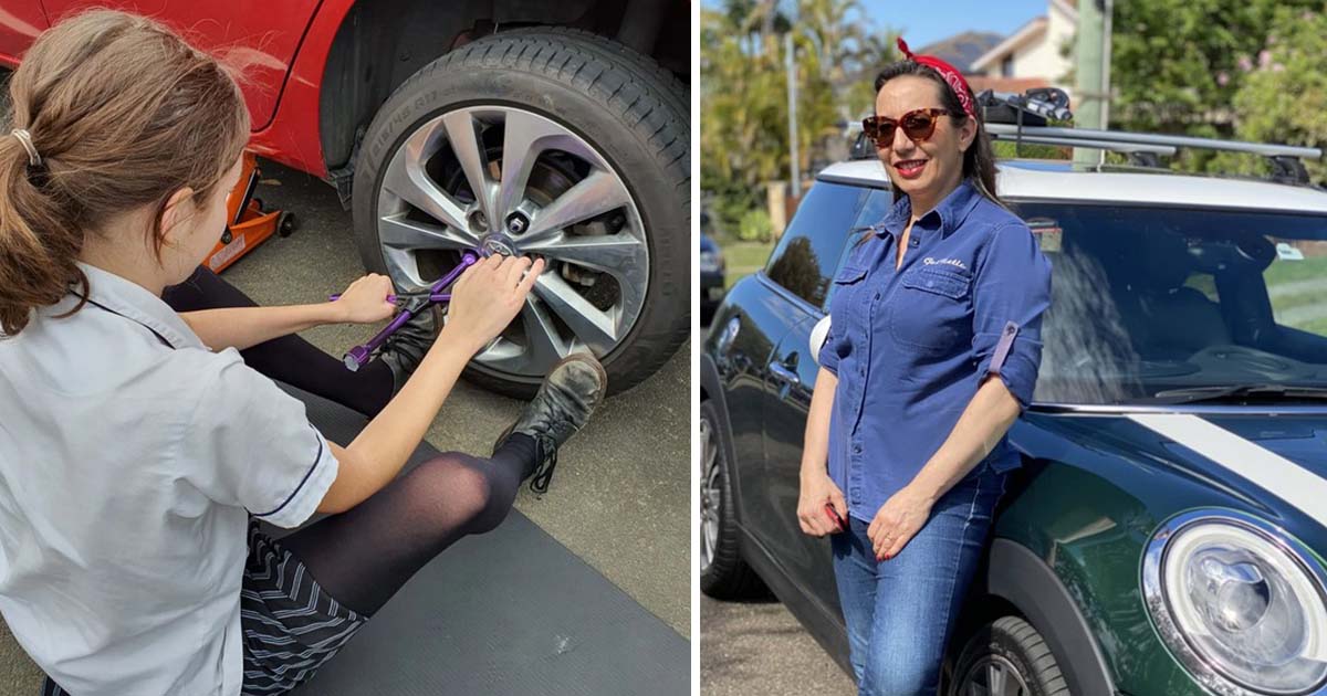 A teacher teaches schoolgirls important life skills like changing a tire and oil