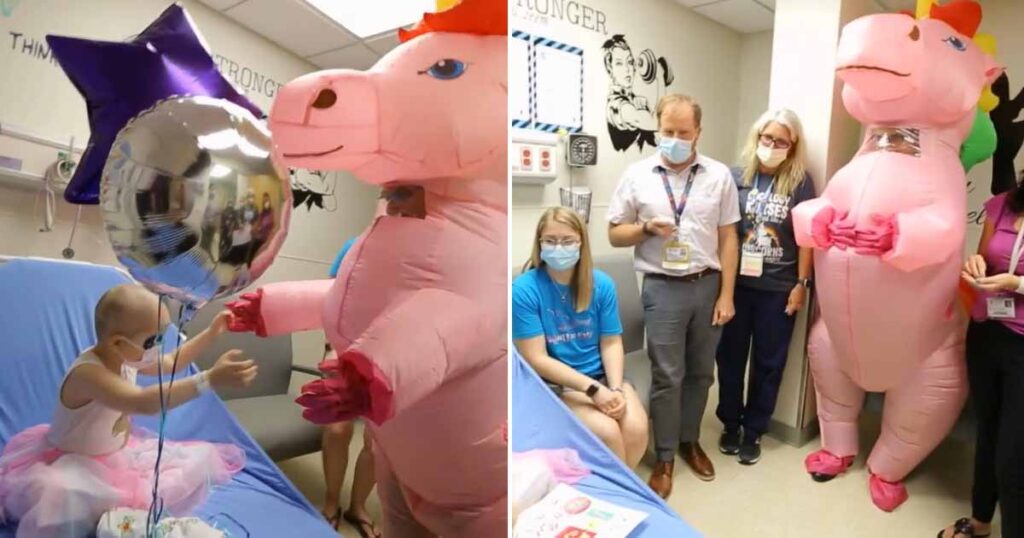 Doctor dresses in pink unicorn outfit and holds “no more chemo” party for four-year-old cancer survivor