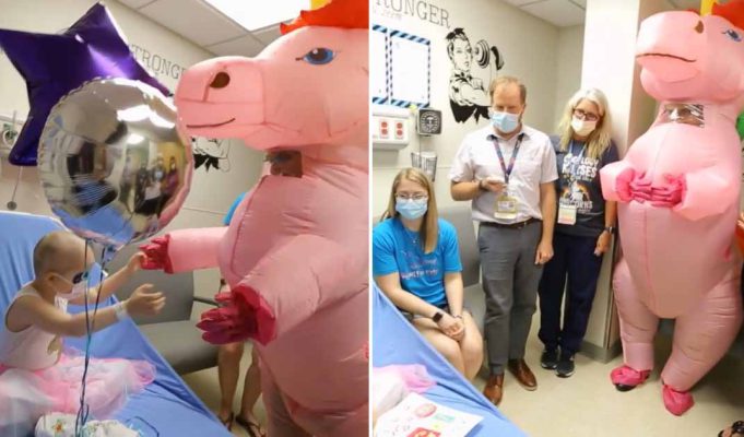Doctor dresses in pink unicorn outfit and holds "no more chemo" party for four-year-old cancer survivor
