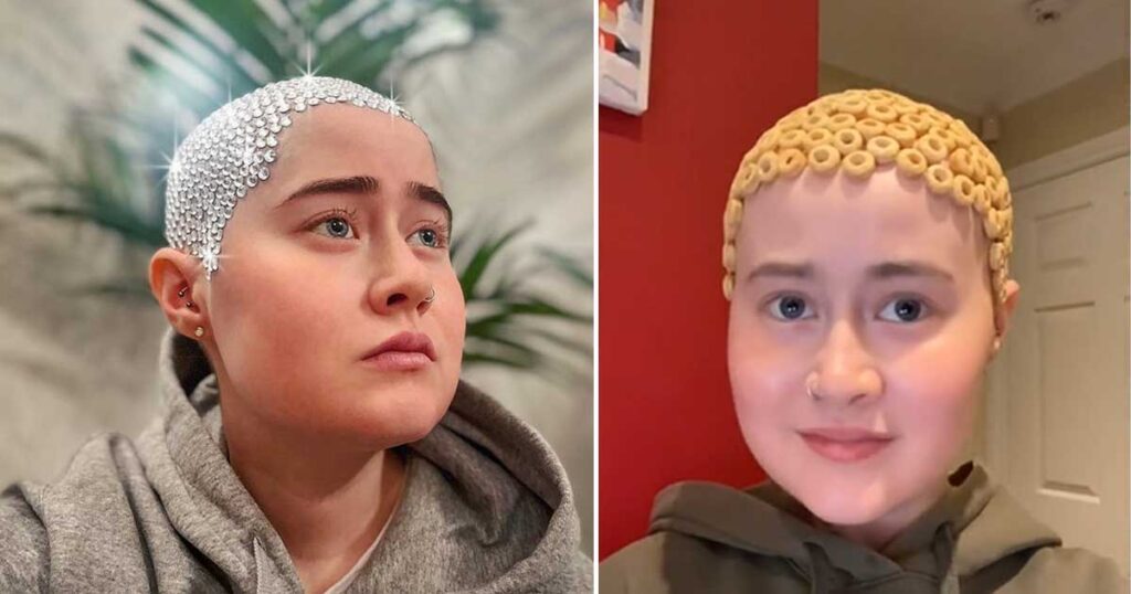 Woman diagnosed with cancer living her ‘best life’ while using her shaved head as a creative canvas