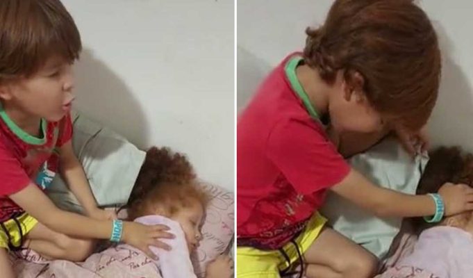Young boy prays for baby sister who is down with flu before going to school