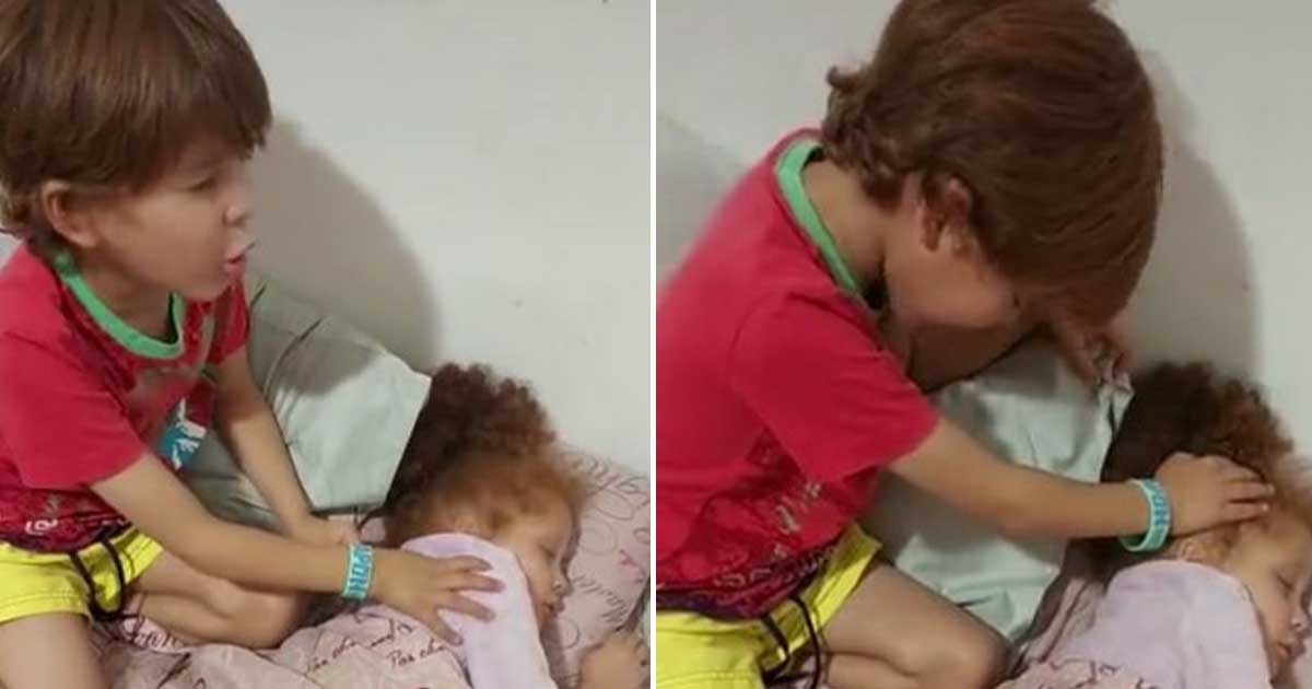 Young boy prays for baby sister who is down with flu before going to school