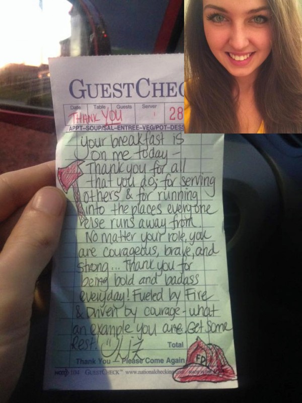 Waitress sees 2 firefighters walk in, writes note on check that leads them to take action