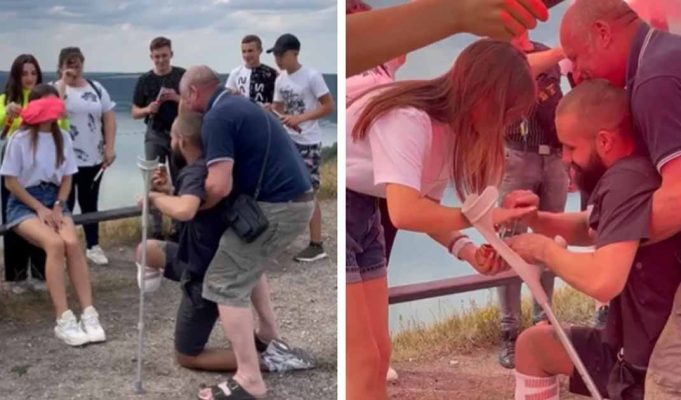 Soldier with amputated leg goes on one knee and proposes to girlfriend