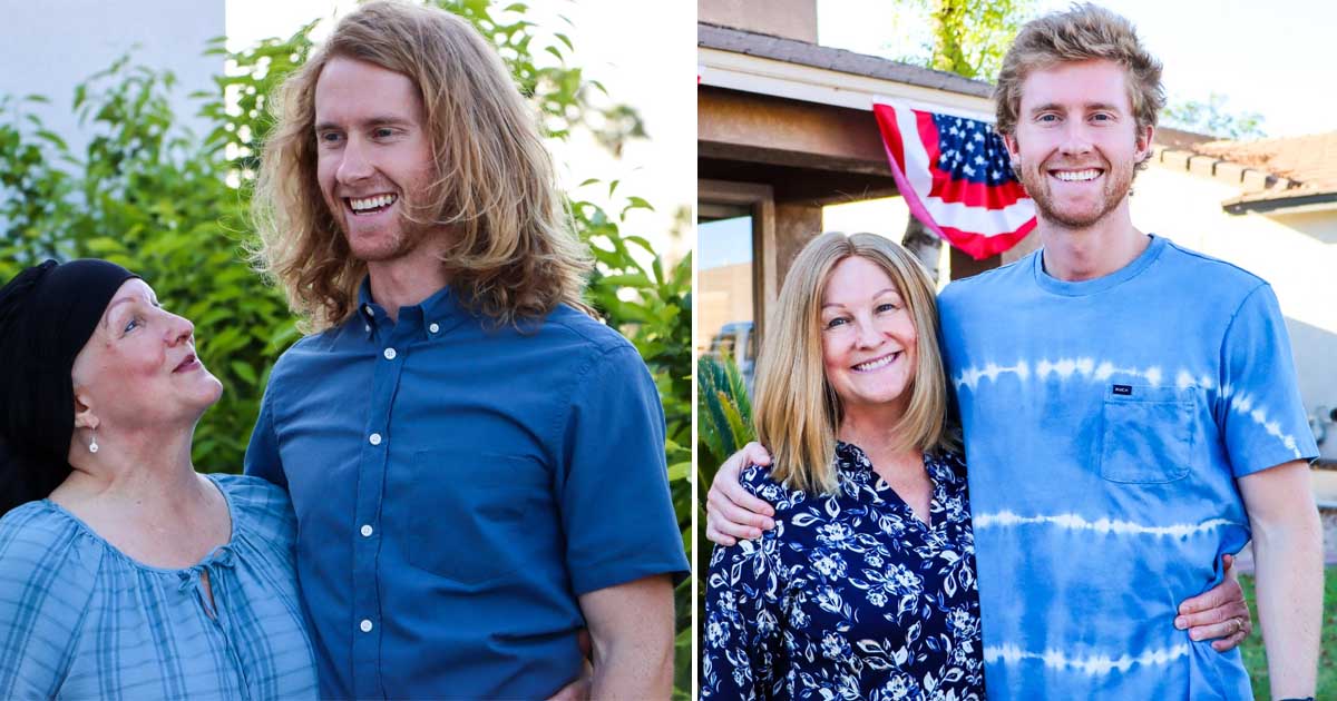 Mom goes bald while battling brain tumor — Her son grows out his hair for 2 years to make a wig for her