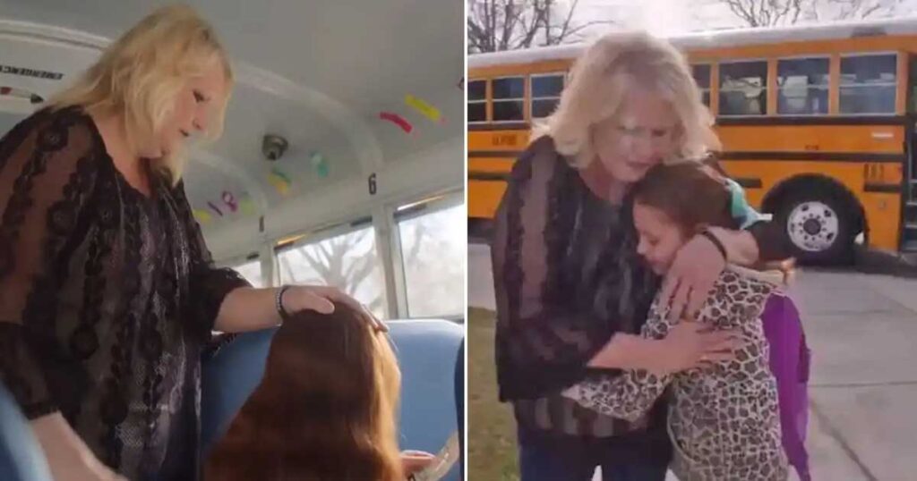 A bus driver assists a little girl with braiding her hair after the death of her mother