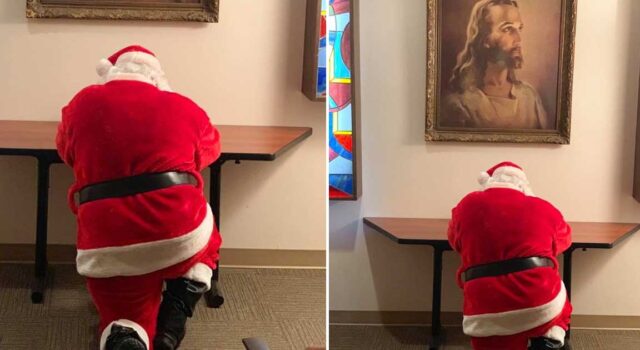 Woman captures a heartwarming photo of Santa Claus kneeling in prayer and the photo has gone viral