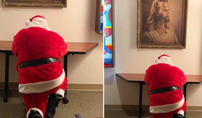 Woman captures a heartwarming photo of Santa Claus kneeling in prayer and the photo has gone viral