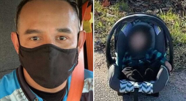 Amazon delivery driver slams his brakes after seeing a 5-month-old in a car seat on side of the road