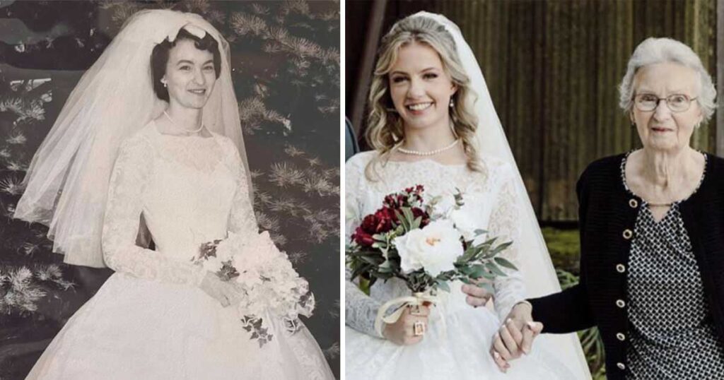 Bride wears grandma’s wedding dress from 1961 down the aisle—which was stored in a trash bag