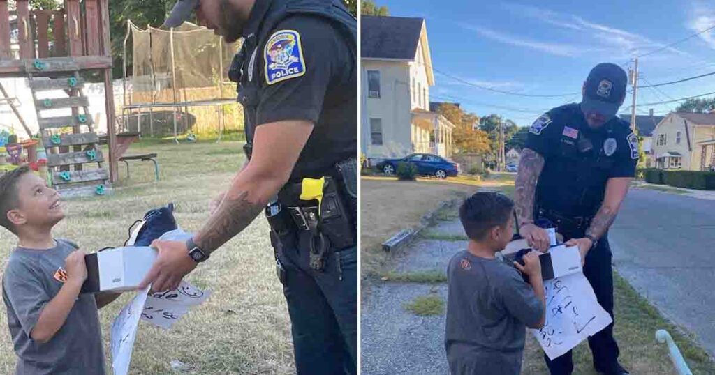 Policeman surprises 7-year-old boy selling lemonade by giving him new shoes for school