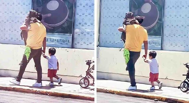 Father gets praised for choosing to carry his large dog instead his little kid