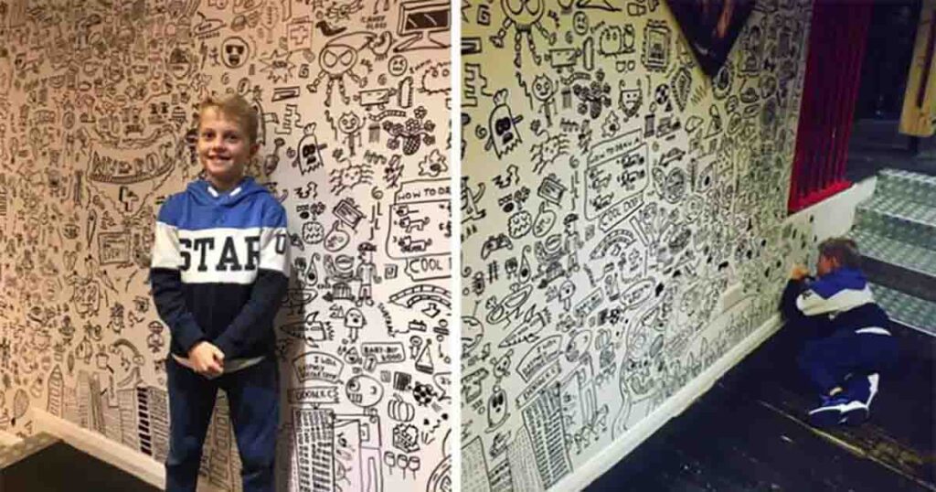 Kid punished for drawing in class during lesson time gets job at eatery to make wall art