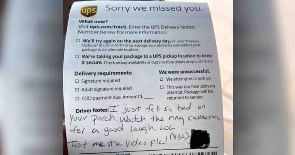 UPS driver falls in a hilarious way and asks the homeowner to send the video