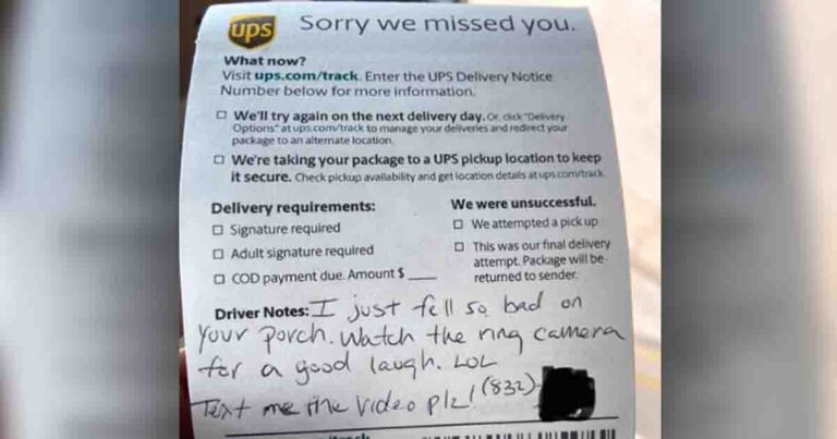 UPS driver falls in a hilarious way and asks the homeowner to send the video