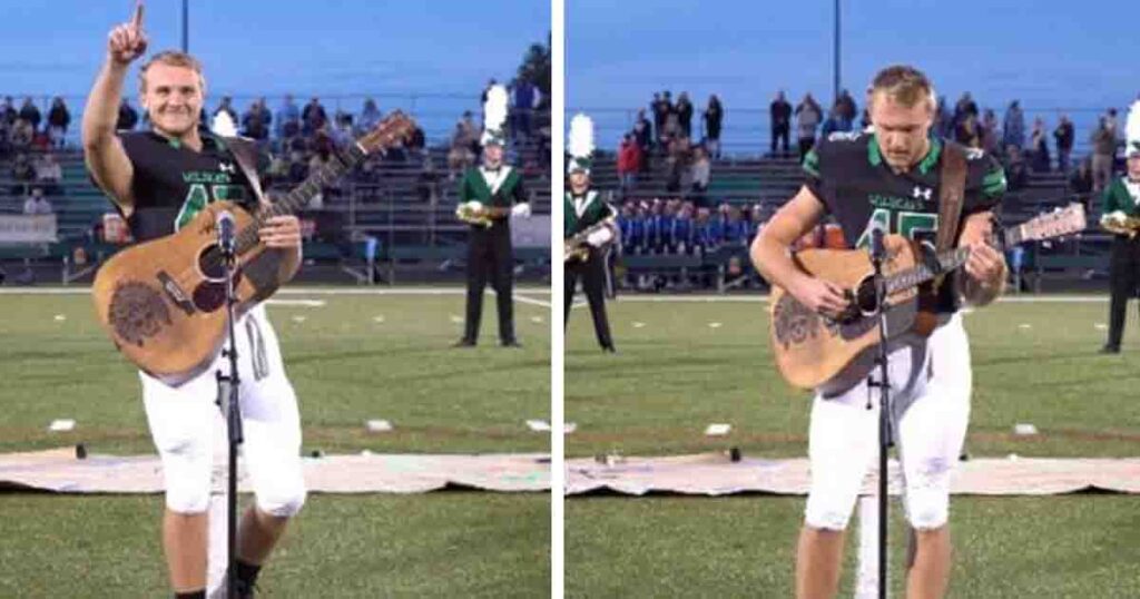No one volunteered to sing the national anthem—a high school student removed his helmet and picked up a guitar