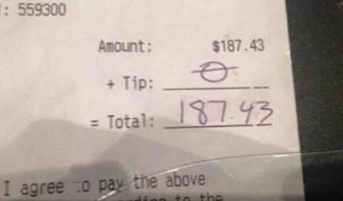 Waitress receives no tip on a $187 bill, captures attention with her response on Facebook