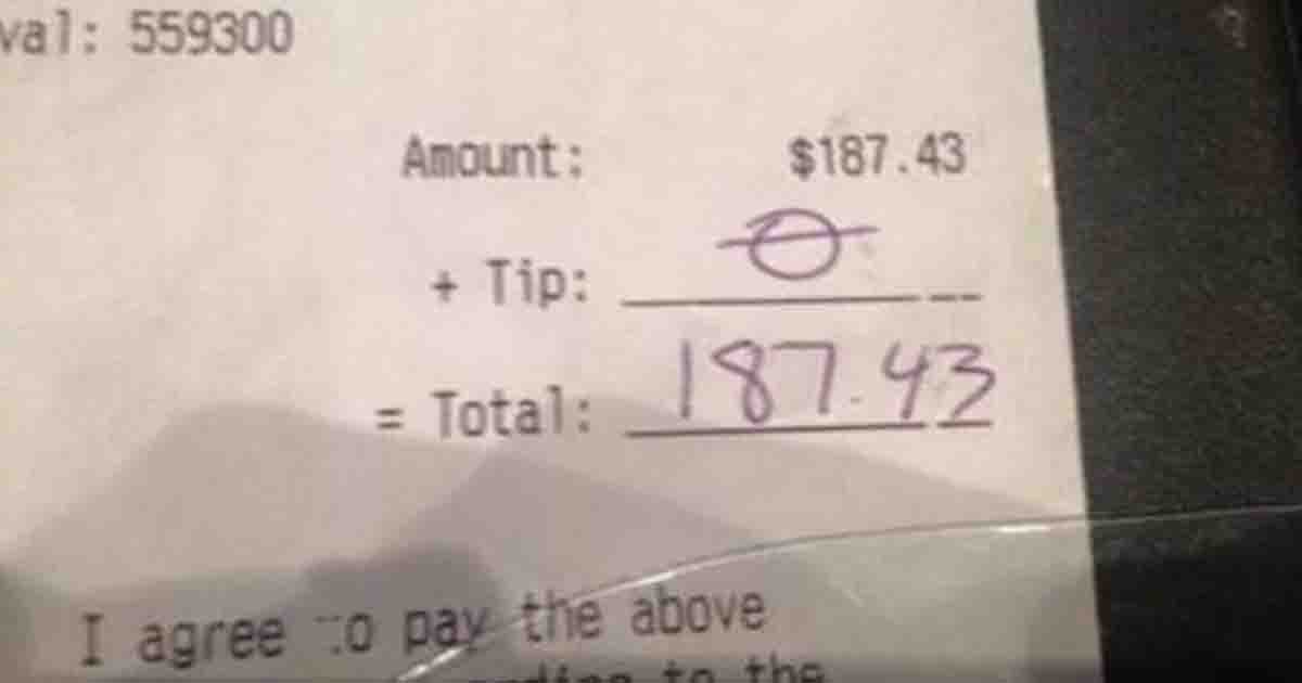 Waitress receives no tip on a $187 bill, captures attention with her response on Facebook